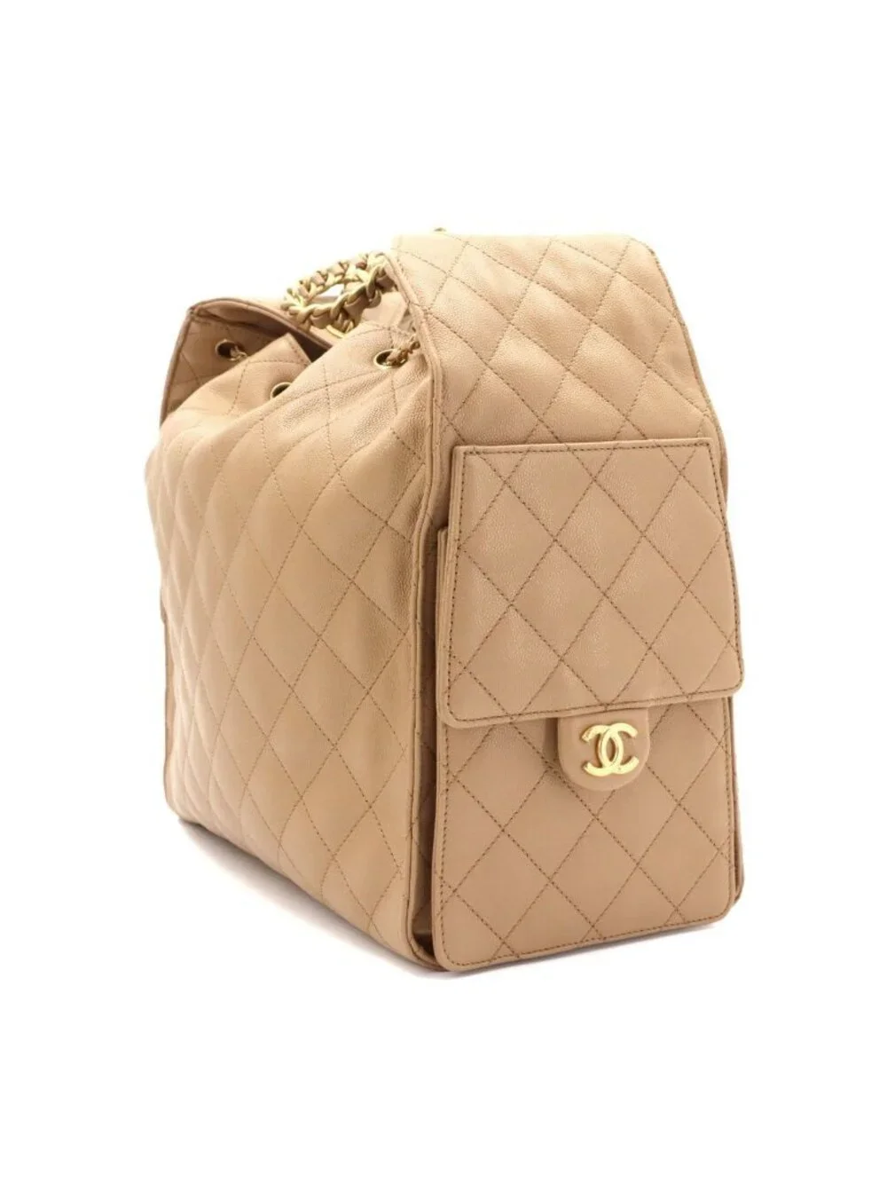 Chanel 25 Small Shoulder Bag Caviar Leather Beige Gold